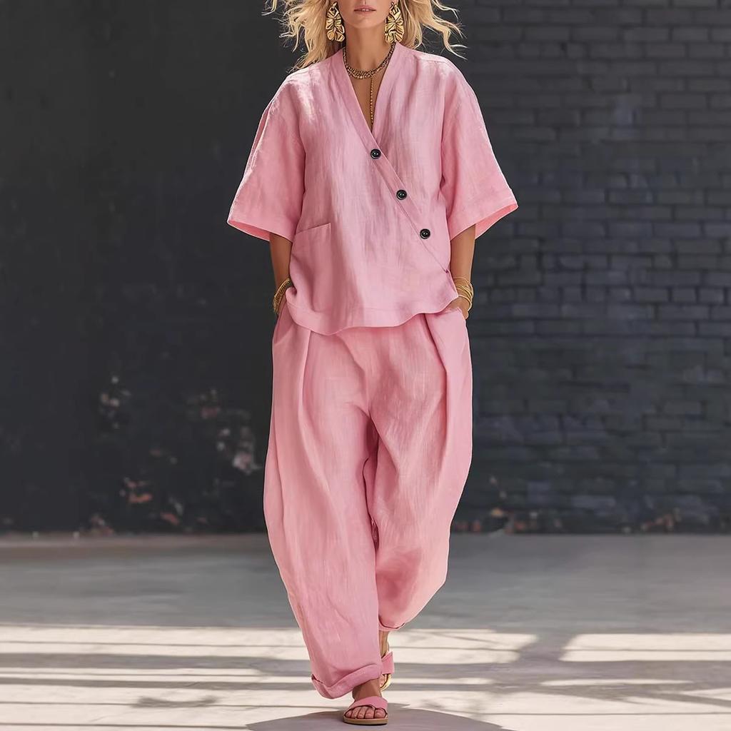 Women's Linen V-Neck Short Sleeve Top and Wide Leg Pants Set in 5 Colors