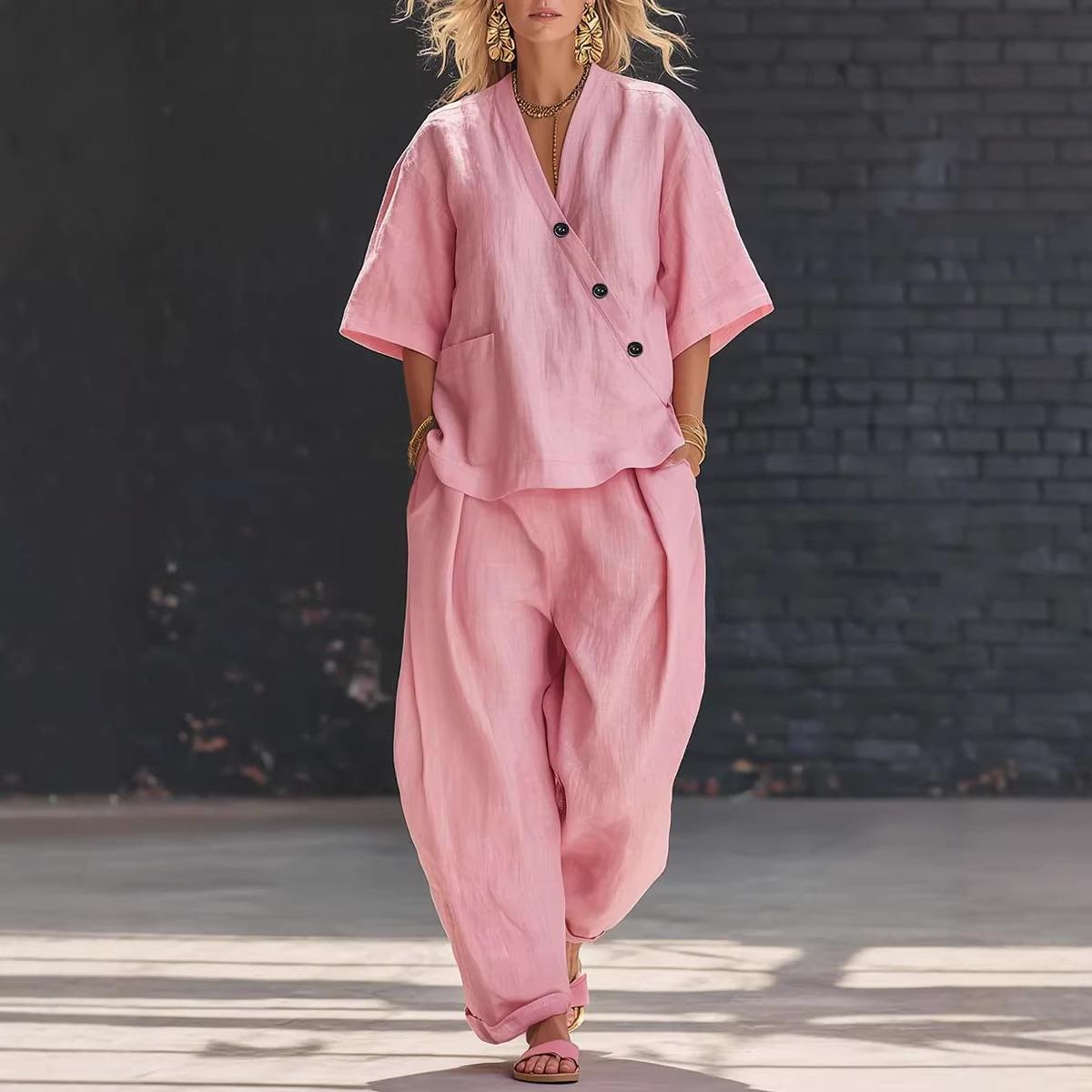 

Women s Linen V-Neck Short Sleeve Top and Wide Leg Pants Set in 5 Colors S розовый