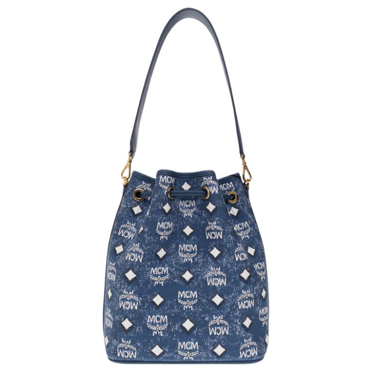 New MCM Denim Jacquard With Leather Bucket Bag, Portable Crossbody Bag, Shoulder Bag Medium Size Women's Blue MWDDSDU05LE001