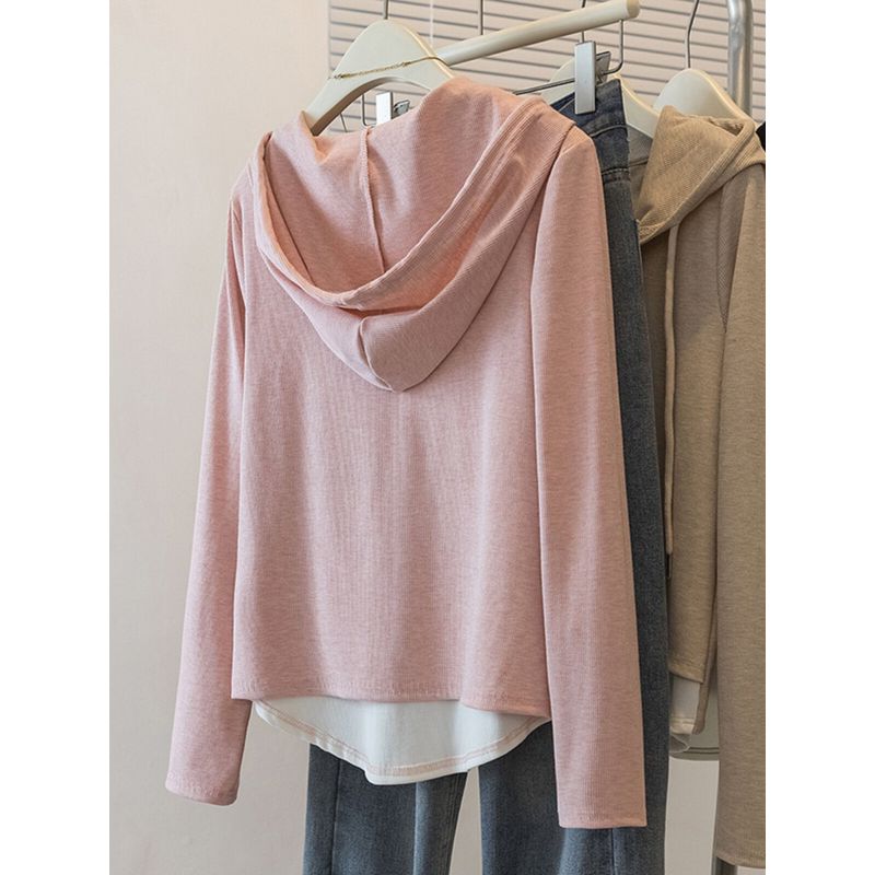 Hooded Sweatshirt Plus Size Ladies Shoulder Asymmetrical Fake Two-Piece