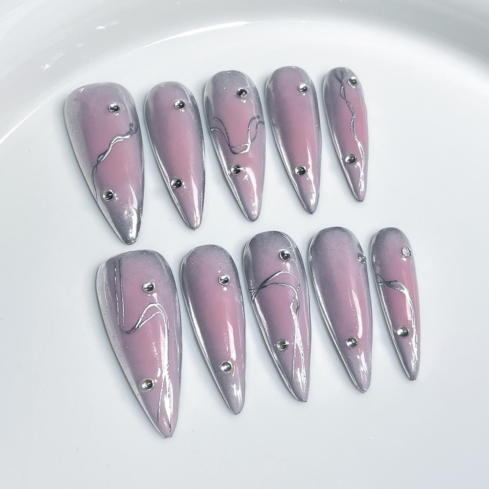 10Pcs Long Pointed Metal Style Handmade False Nails for Women M розовый/глубокий