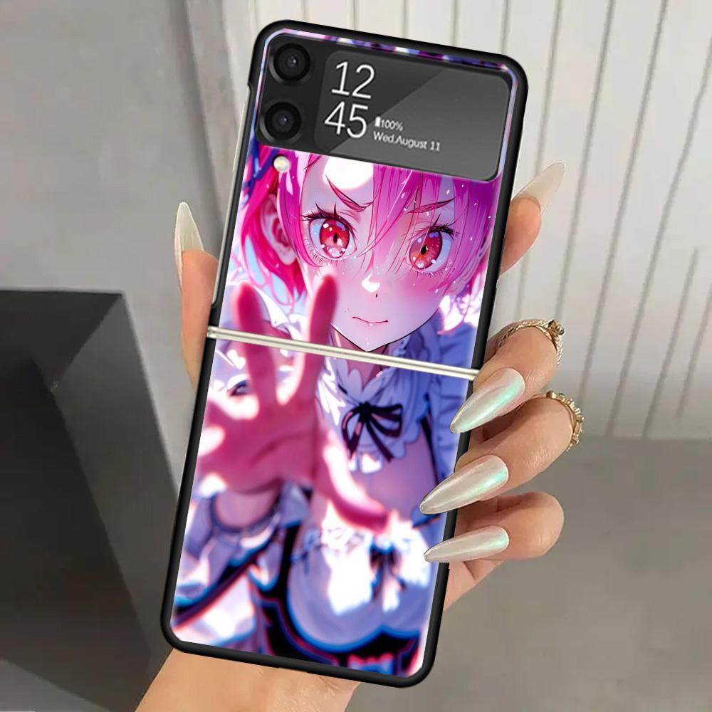 R-Rem Re Zero Anime Hard PC Phone Case For Samsung Galaxy Z Flip 7 6 5 4 3 Black ZFlip7 ZFlip6 Flip5 Flip4 Flip3 5G Print Cover