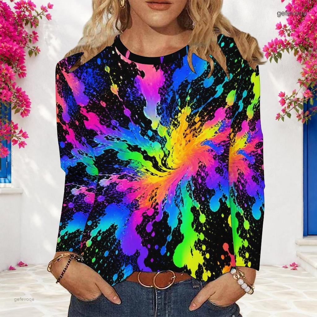 Women Plus Size Round Neck Long Sleeve Colorful Tie Dye Printed Pullover Sweatshirt