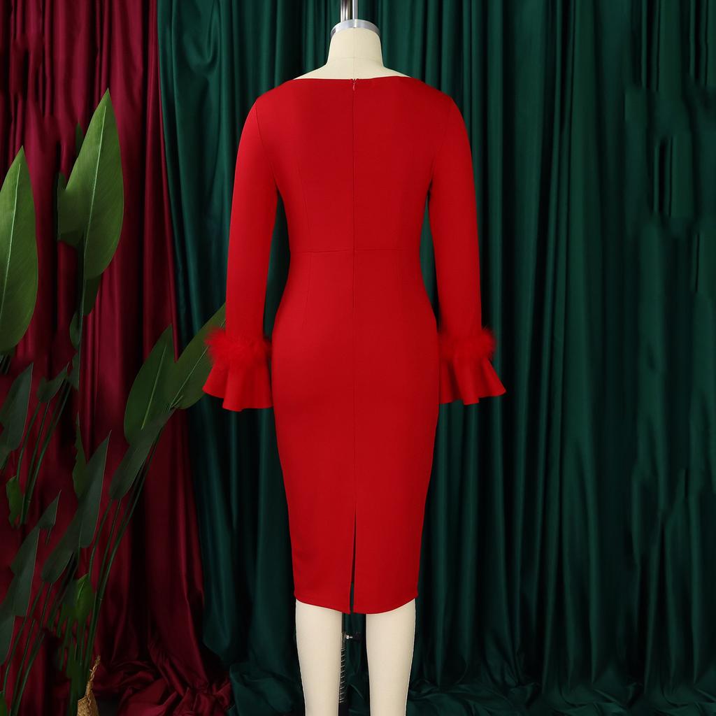 Office Ladies Dresses Elegant o Neck Flare Sheath Package Hips Mid Calf Formal Business Work Wear Dress Robe