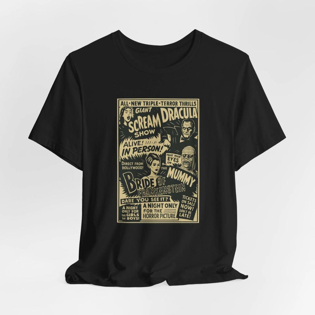 Vintage Horror T-Shirt Dracula Mummy Bride of Frankenstein Monster Halloween