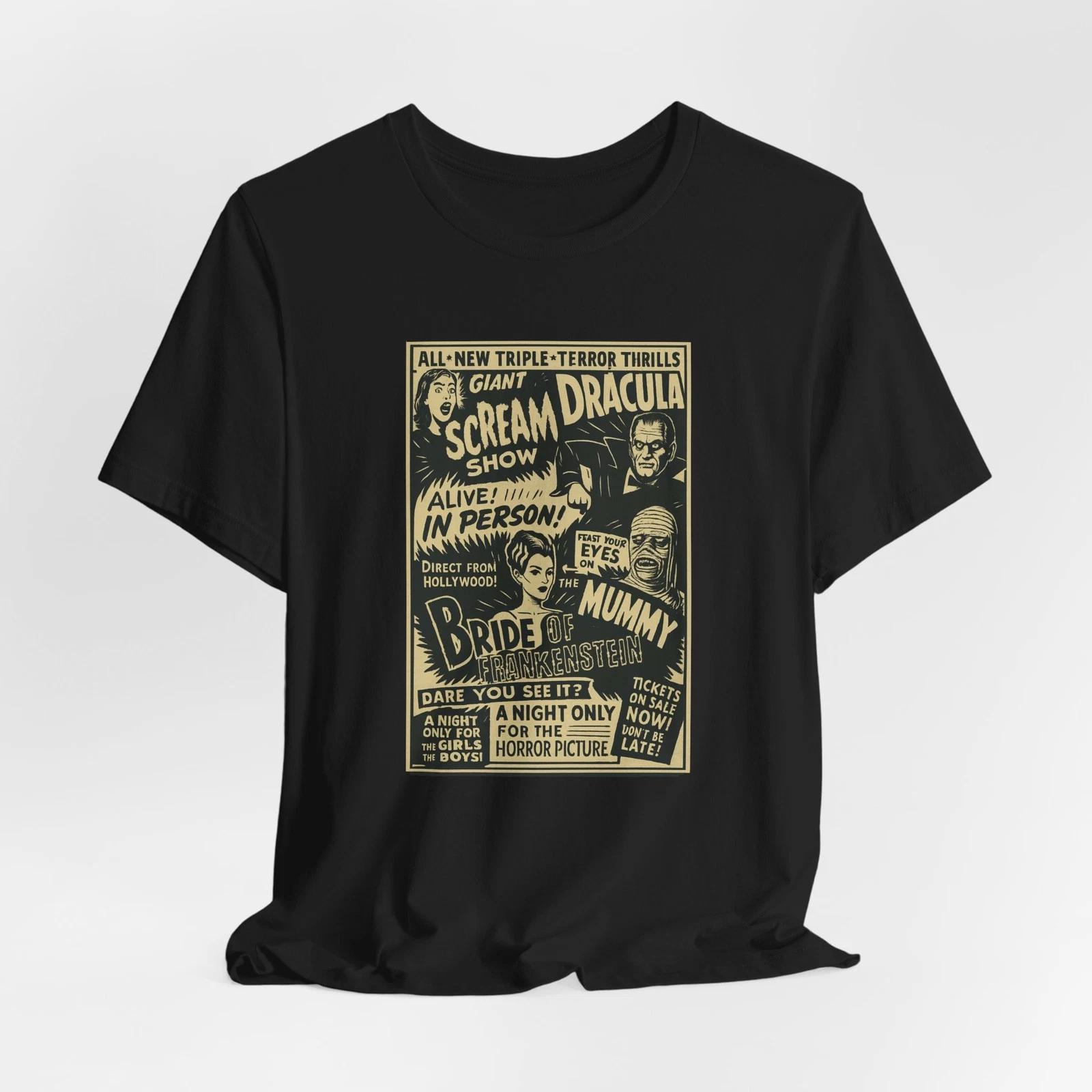 Vintage Horror T-Shirt Dracula Mummy Bride of Frankenstein Monster Halloween L