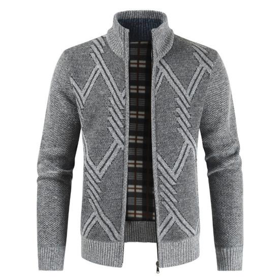 Stand Collar Long Sleeves Fleece Lining Sweater Coat Men Autumn Winter Geometric Pattern Zipper Placket Knitted Outerwear