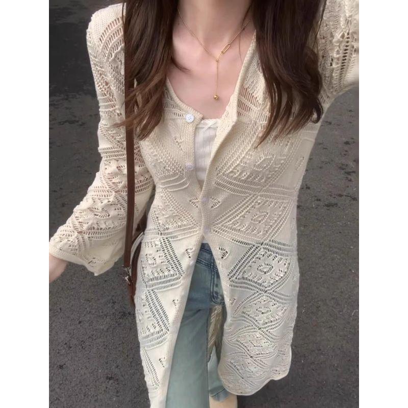 

Ранняя весна и лето Вырез Солнцезащитный трикотажный кардиган Длинный Женский Тонкий 2025 Новый Дизайн Чувство Гонконгский Стиль Верхняя Одежда Milk apricot XL [Recommendation 115/65.00kg]]