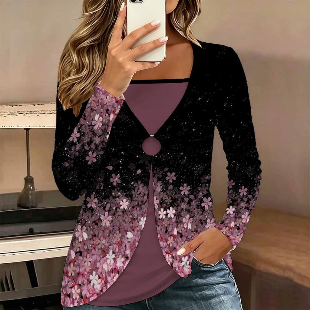 Tops for Women  Floral Print Long Sleeve Fake Two‑Piece Top Fall Casual Slim Pullover Women's Long Sleeve Top