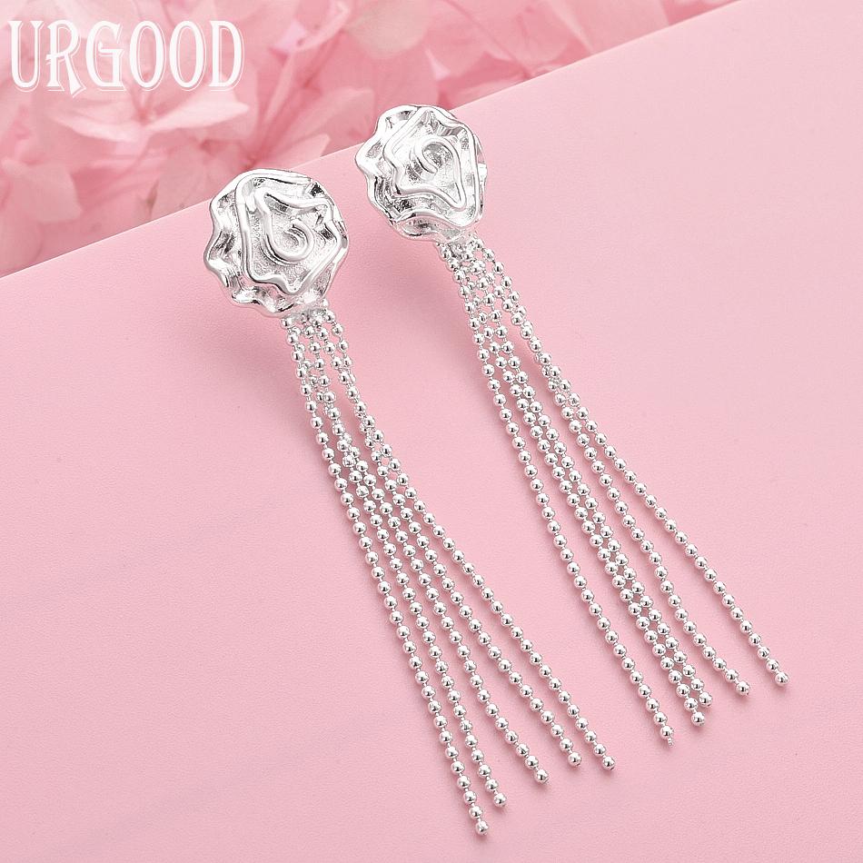 

925 Sterling Silver Rose Bead Chain Earrings Wedding Jewelry 6.30*1.20cm