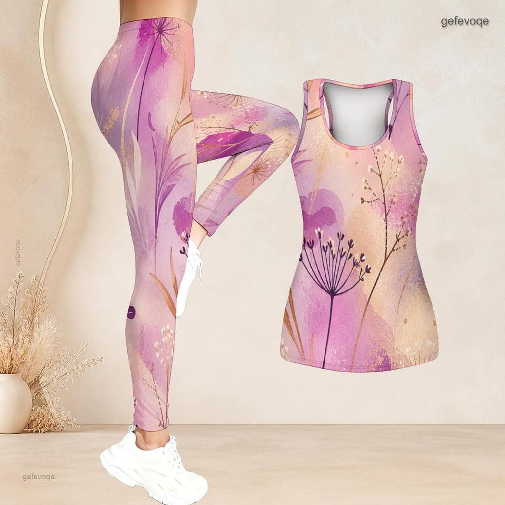 Women Plus Size Two Piece Set Scoop Neck Sleeveless Sage Green Floral Printed Tank Top Fitted Pants