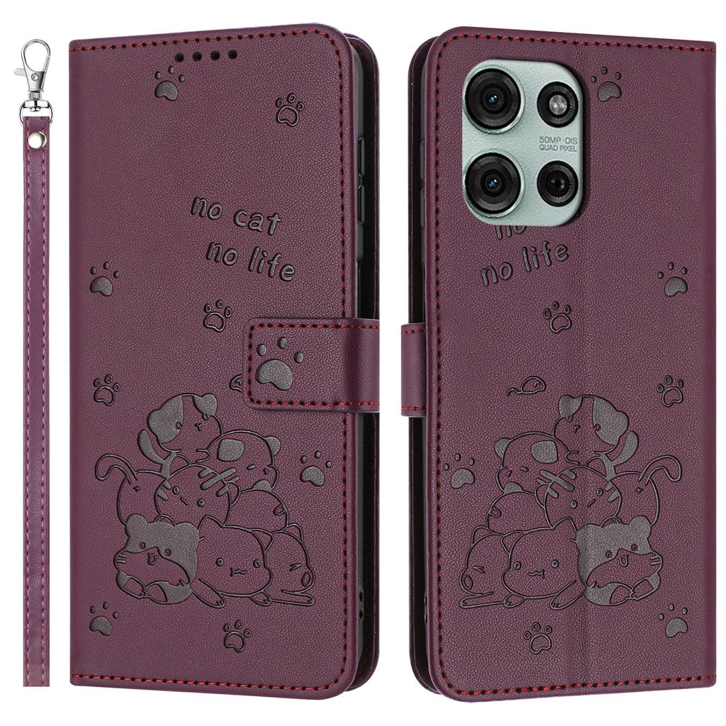 For Motorola Moto G75 5G Case with Strap Cats Imprint Leather Wallet Phone Cover