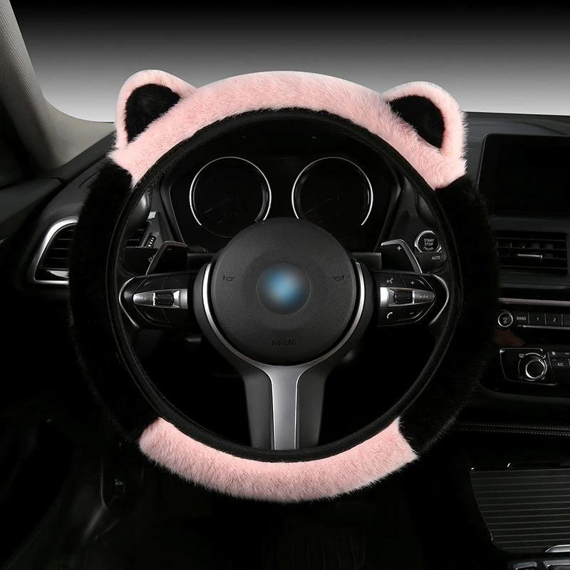 Plush Steering Wheel Cover Comfortable Warm Cartoon Print Waterproof Non-Slip Universal Fit for 14.57-14.96 Inch Steering Wheels