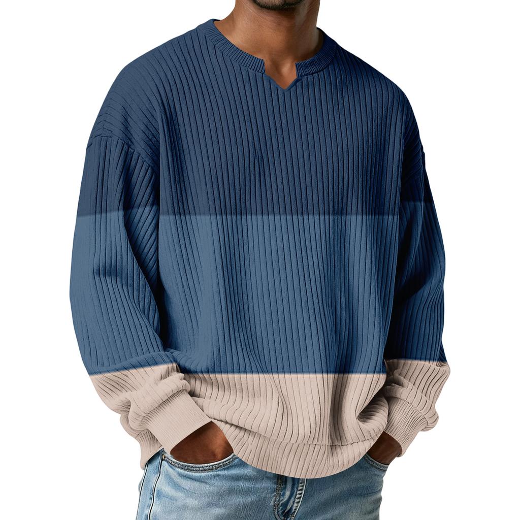 Men's Color-Blocked Stylish V-Neck Ribbed Textured Long-Sleeve T-Shirt