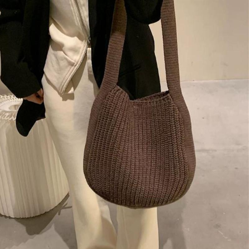 Yogodlns Retro Wool Knitted Shoulder Bag for Women Winter New Large Capacity Shopping Totes Bag