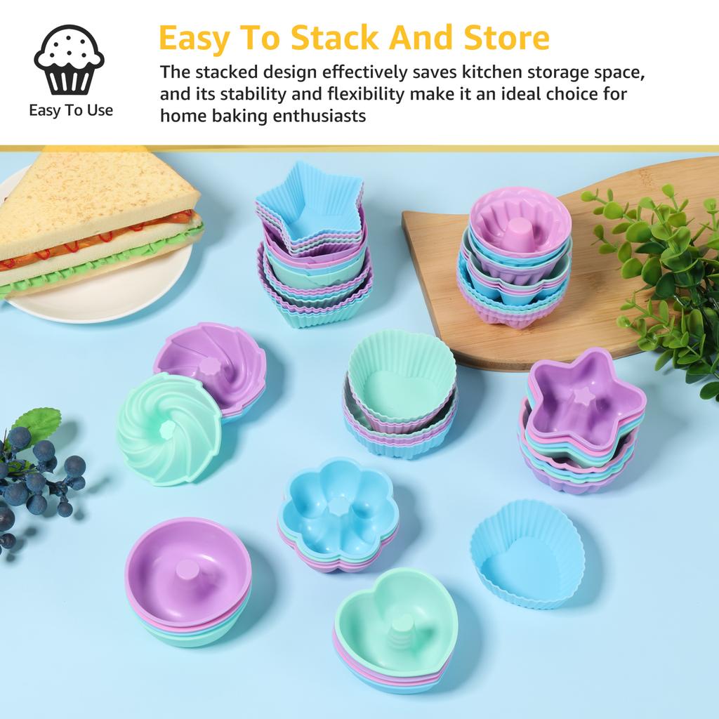 24/60 Pcs Silicone Cake Cup Assorted Shapes Baking Cups High Temperature Resistant Bagel Baking Cups for Muffin Jello Cake Tools