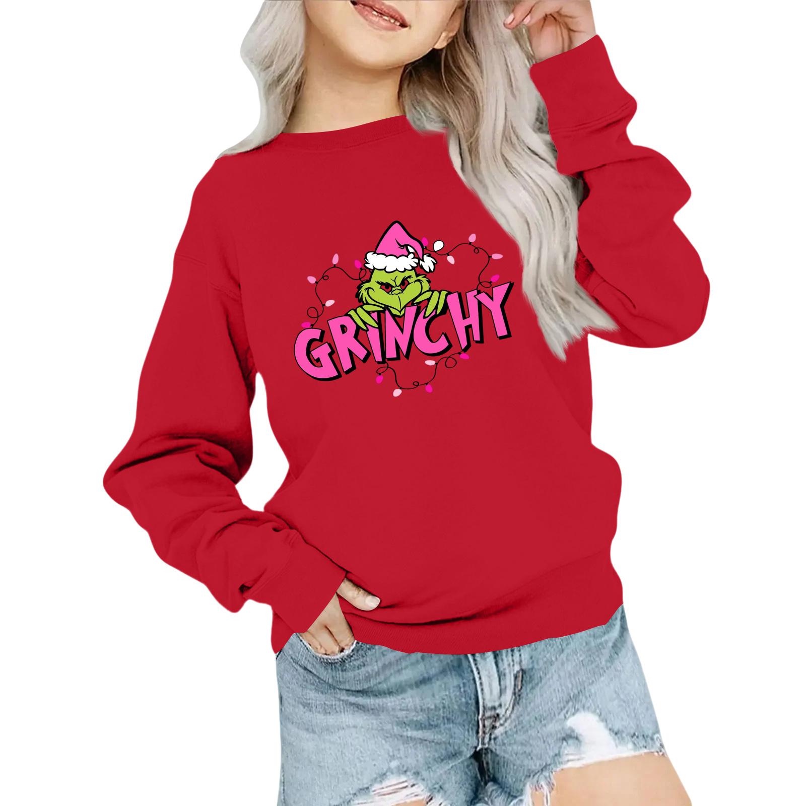 

Детская модная толстовка оверсайз с круглым вырезом, свободного кроя, с длинными рукавами, с повседневным рождественским принтом 130 красный