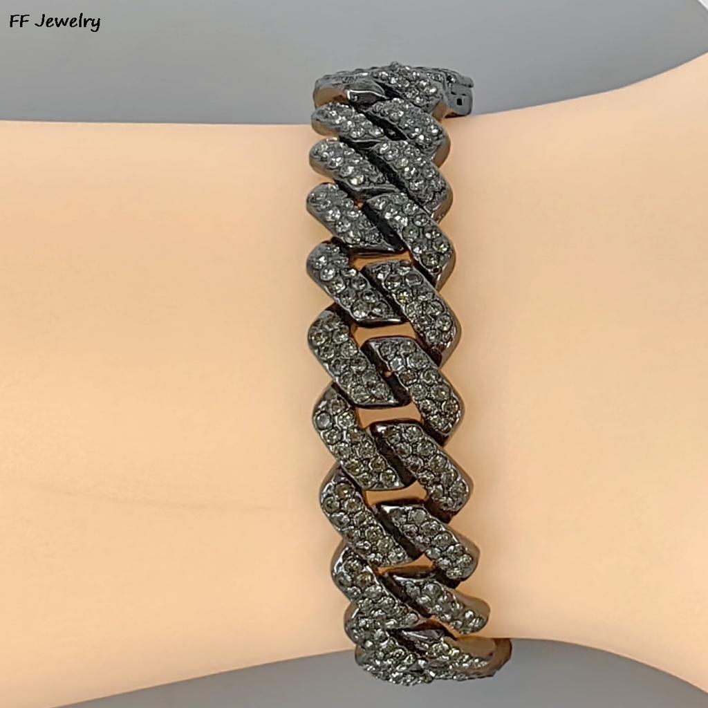 14mm Black Hip Hop Shiny Cuban Link Chain Bracelets Women Men Gold Color Rhinestone Iced Out Chain Bracelets Punk Men Jewelry