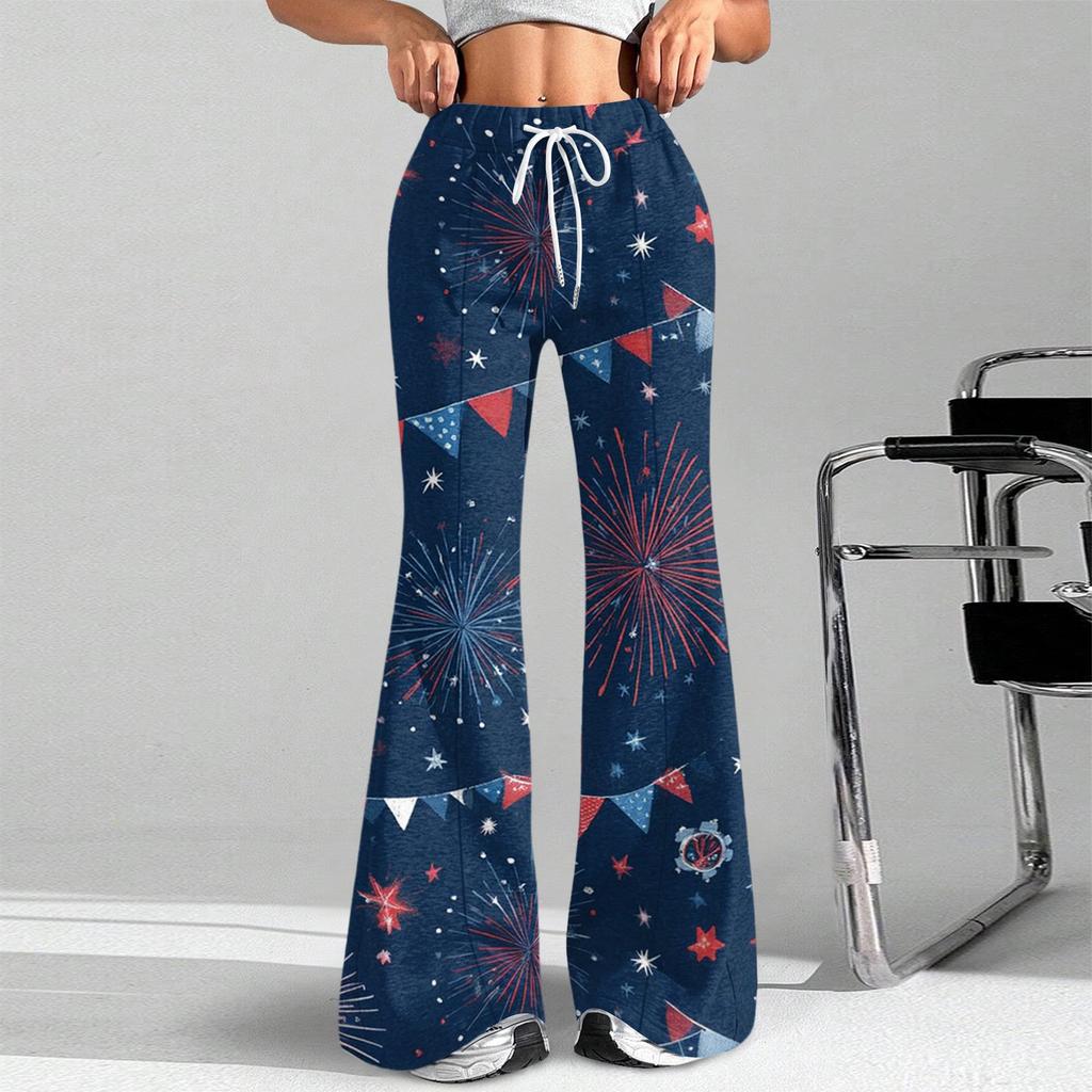 Women's Fashion Loose Drawstring Tight Waist Independence Day Printed Casual Sports Pants Casual Flared Pants
