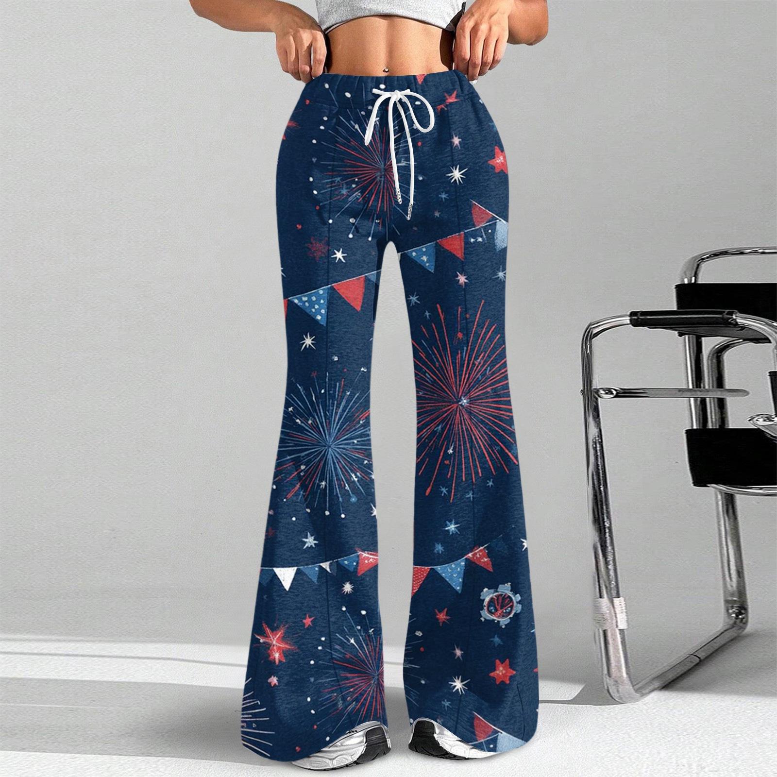 

Women s Fashion Loose Drawstring Tight Waist Independence Day Printed Casual Sports Pants Casual Flared Pants XL винний