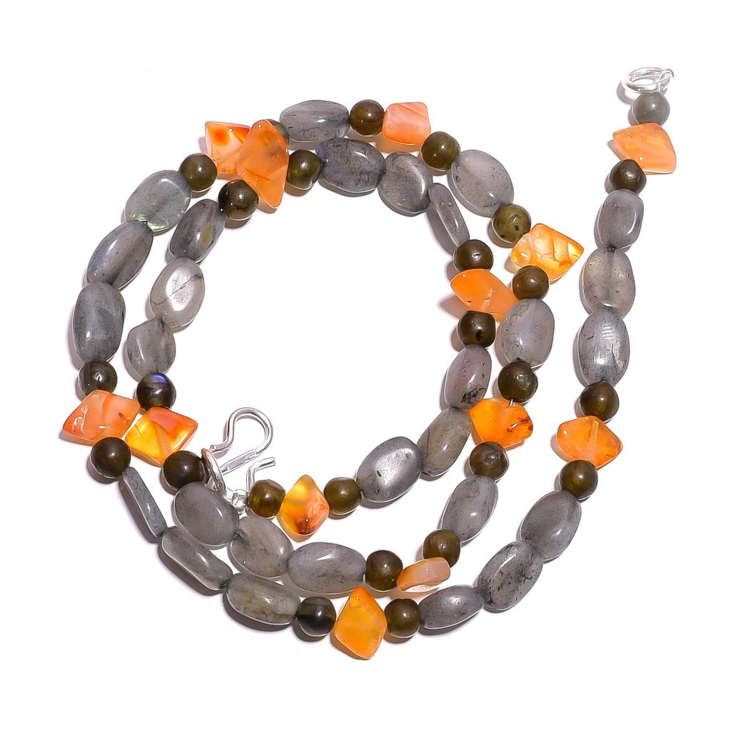 Natural Labradorite Carnelian Gemstone Smooth Beads Necklace 17" UB-5029 UB-5029