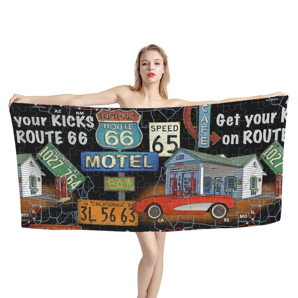 Historic Route 66 Beach Towel America's Main Street Motorcycle Retro Road Absorbent Bath Towel for Boys Men Travel Hotel Towel