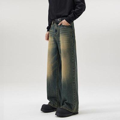 4 Colors Autumn Vintage Distressed Men's Baggy Straight Jeans Fashion Korean High Street Denim Pants Streetwear Male Trousers