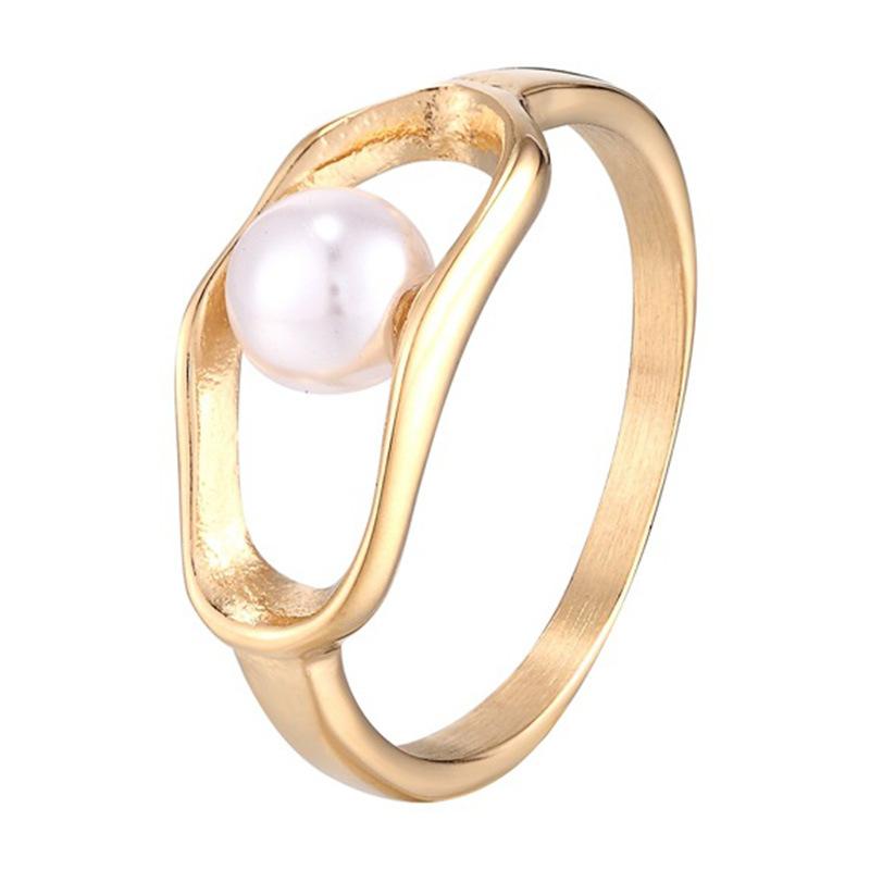Hollow Freshwater Pearl Ring Women's Niche Design Stacked Ring, Titanium Steel Electroplating Fashion Jewelry