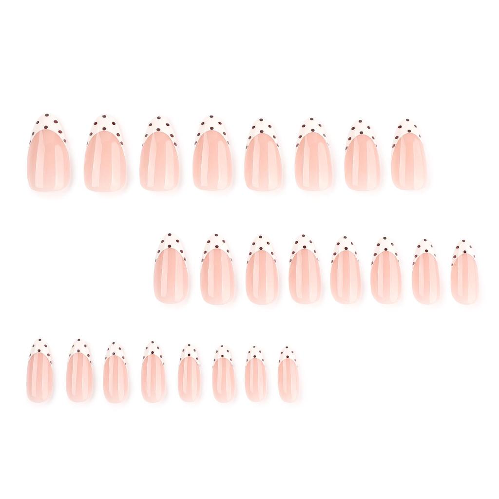 Le Fan Simple French White Almond Wearable Nails with Black Polka Dot Art.