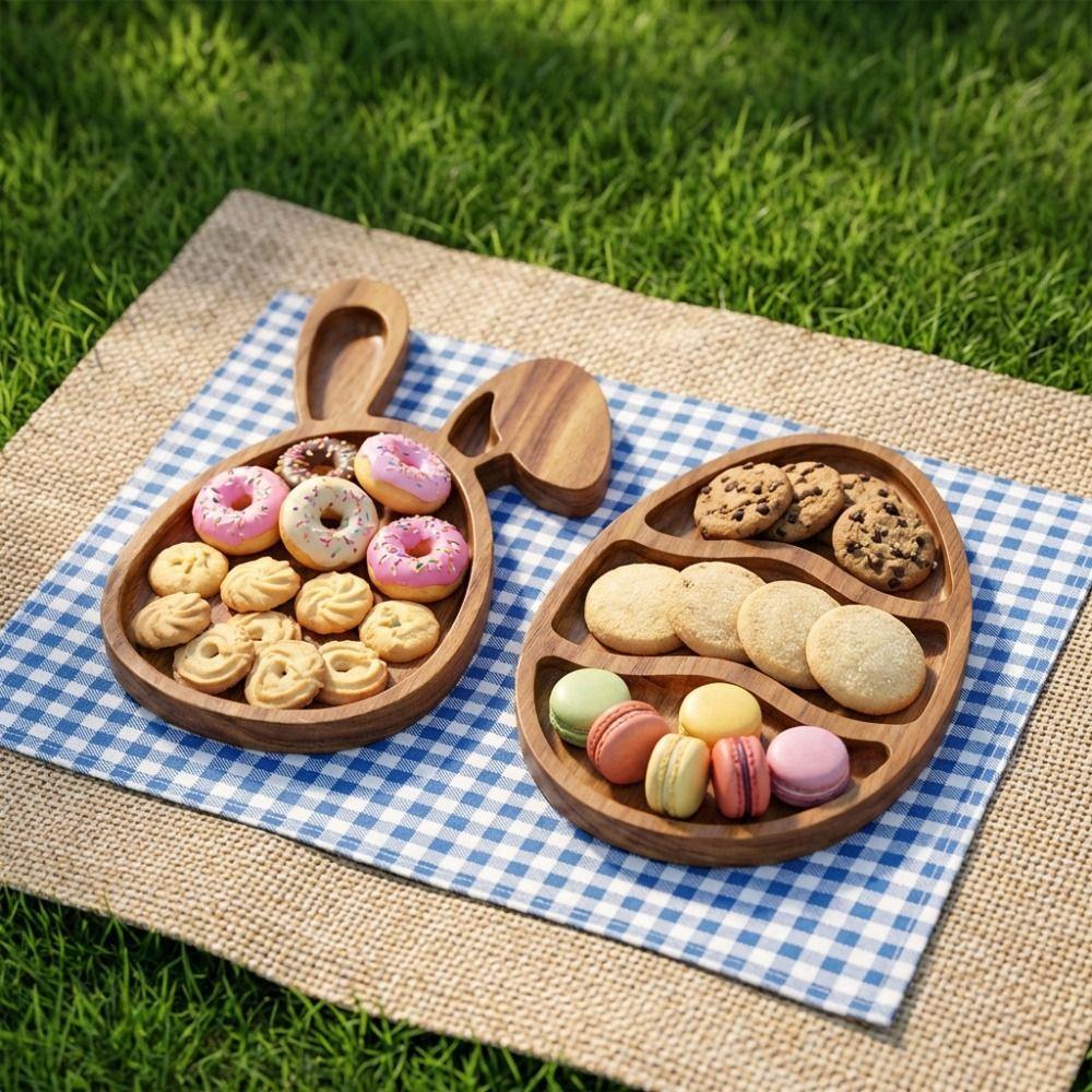 Wooden Easter Egg Shape Tray Cartoon with Compartments Food Display Plate Decorative Durable Bunny Snack Serving Tray Jewelry
