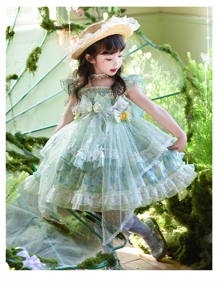 Girl Lolita Princess Dress Summer 2026 New Green Flower Puff Dress Super Fairy Fantasy Children's Dress