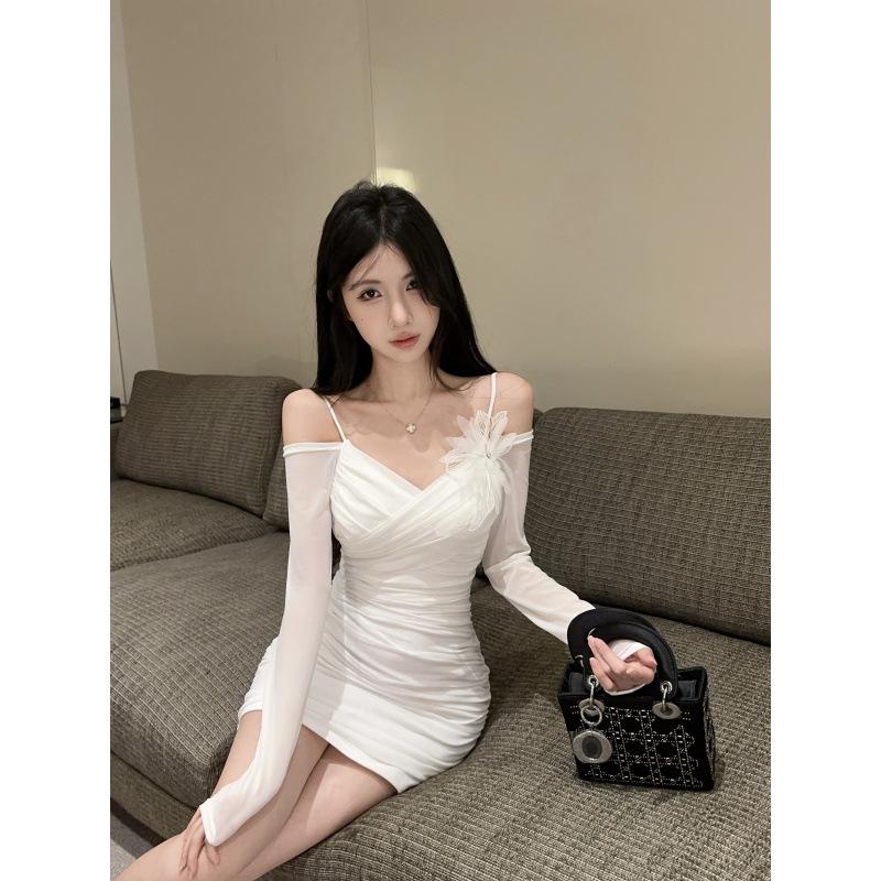 

Реальное фото 9469 Женское клубное сексуальное облегающее платье из сетки с цветочной вставкой и бретелями-спагетти на одно плечо Small белый