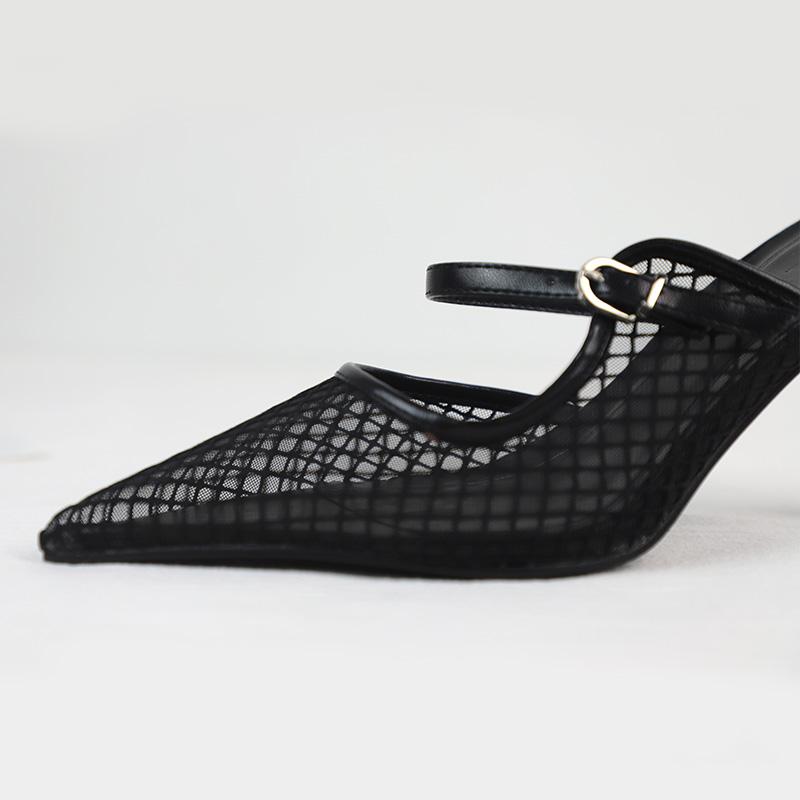 Módní špičaté sexy síťované dámské sandály na vysokém podpatku 2025 léto nový designér černé slingback jehlové elegantní boty pro kancelářskou dámu