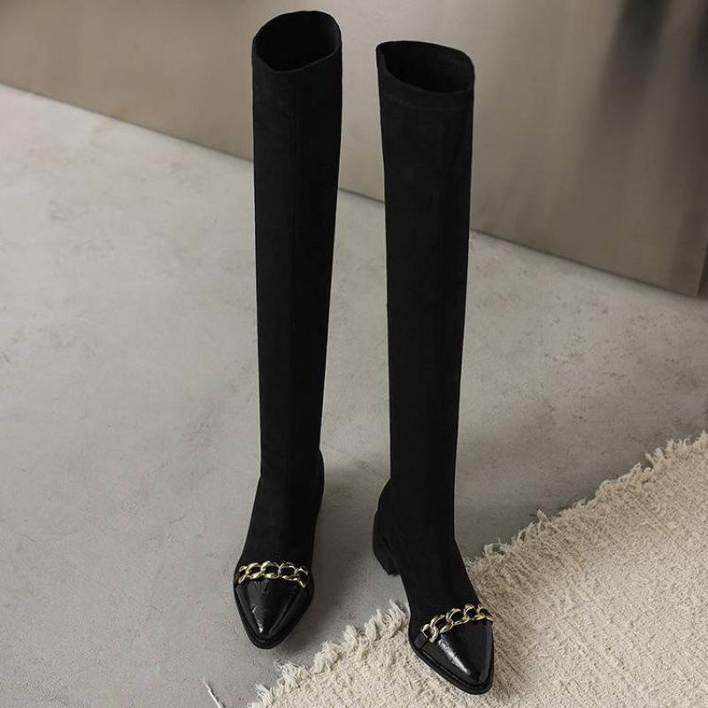 

Осенне-зимние женские эластичные сапоги, удобная резиновая подошва, средний каблук, острый носок, большой размер, женские сапоги, корейская версия, черные сапоги-чулки 39