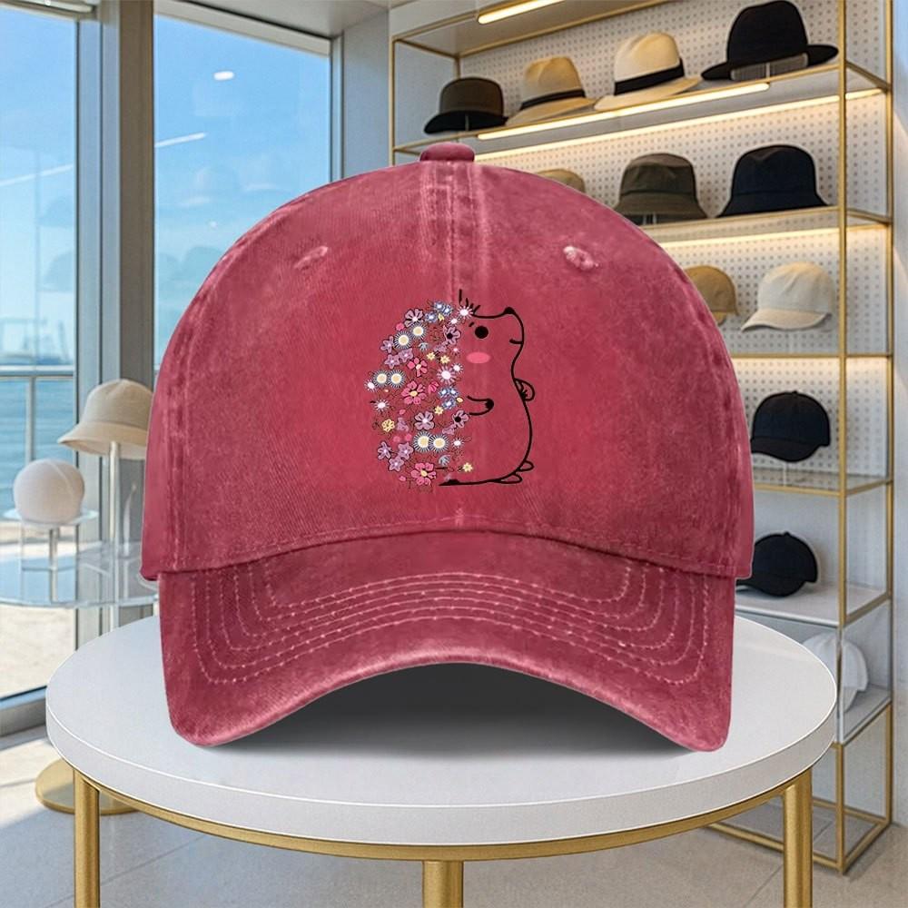 Hedgehog Floral Print Washed Baseball Cap Adjustable Cotton Twill Casual Outdoor Cap Unisex