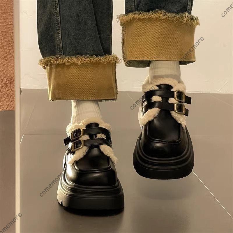 Comemore Black Leather Shoes for Women Winter New Thick-soled Loafers Padded Cotton Shoes Casual Heeled Belt Buckle Pumps