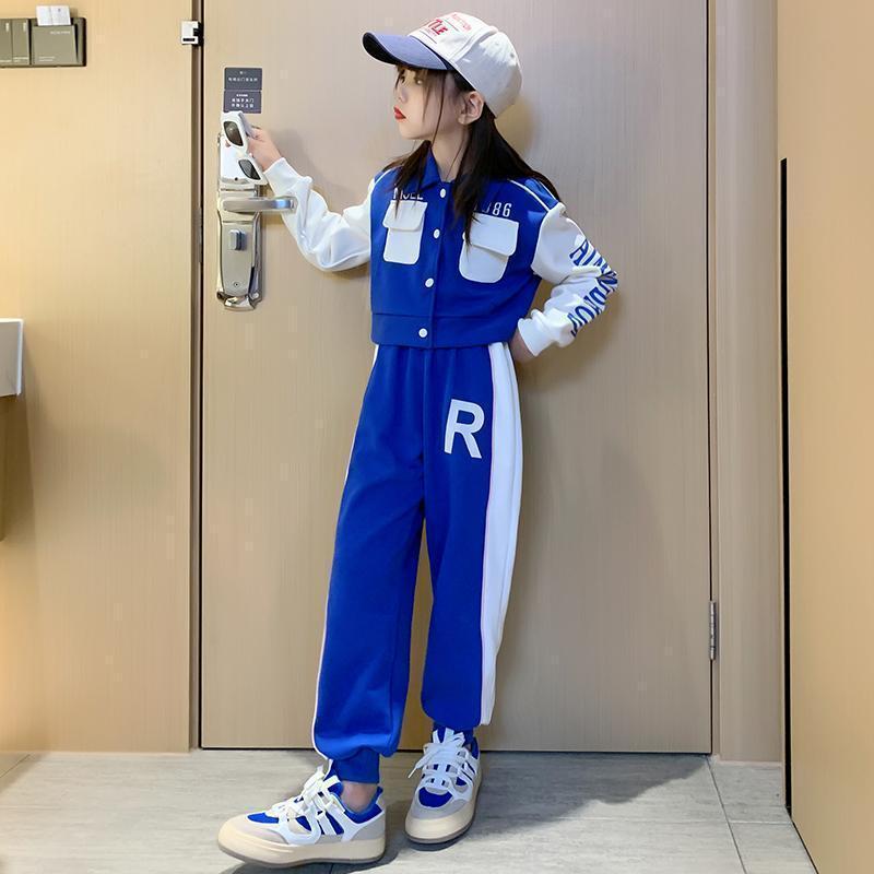 Spring and Autumn Junior Girls Baseball Suit Clothing Kids Splicing Lapel Jacket Casual Long Pants 2 Pcs Sweatshirt