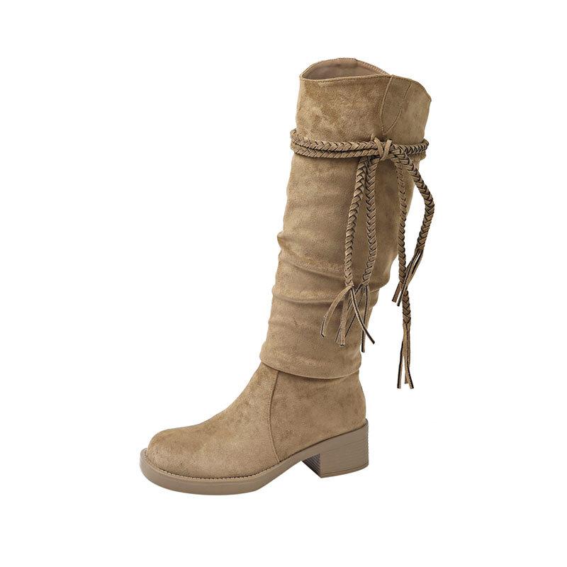 Coarse Heel Fringed Boots Maillard Boots Children's New Spring and Autumn Western Cowboy Stack Boots Tall Knight Boots