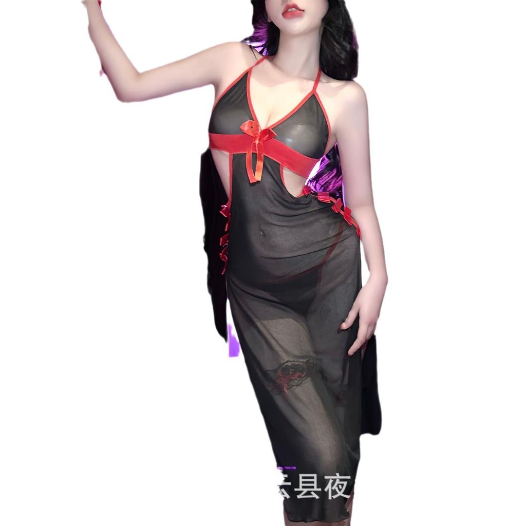 Sexy Seduction split cheongsam perspective role-playing sexy underwear night fans high fun three-point Z black yarn women