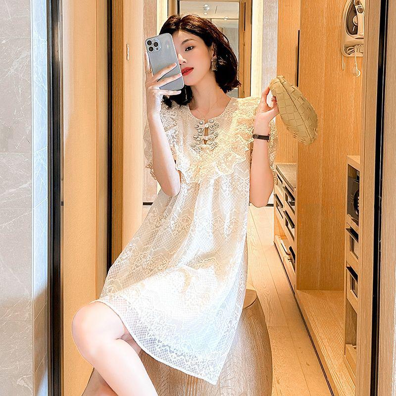 

2026 Summer Elegant Embroidered Rhinestone Short Sleeve Dress M for 95-105 jin