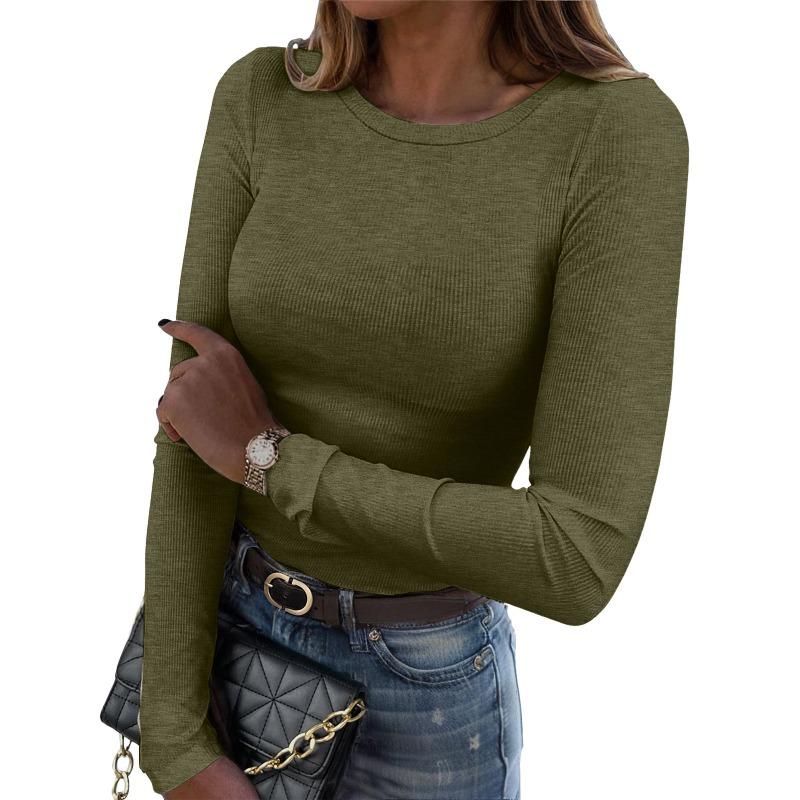 New women's long-sleeve stretch round-neck ribbed shirt, slim-fit casual basic top
