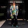 Mens Fashion Gold Leaves Pattern Blue Green Shiny Sequin  Suit Jacket Blazer