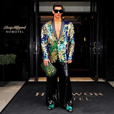 Men's Tropical Leaf Sequin Tuxedo Blazer, Black Satin Lapel Slim‑Fit Party Suit Jacket