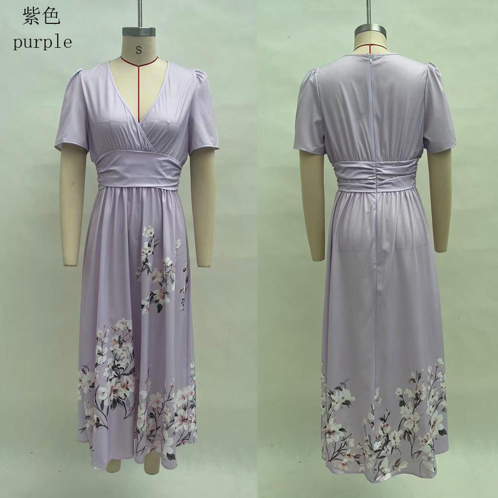 Europäische und amerikanische Damenbekleidung Digitaldruck Blume Langarm V-Ausschnitt Faltenkleid Damen langes Kleid