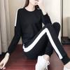 Casual Sports Suit for Women, Spring and Autumn Korean Style Loose Black and White Running Sportswear Sweatshirt Two-piece Set