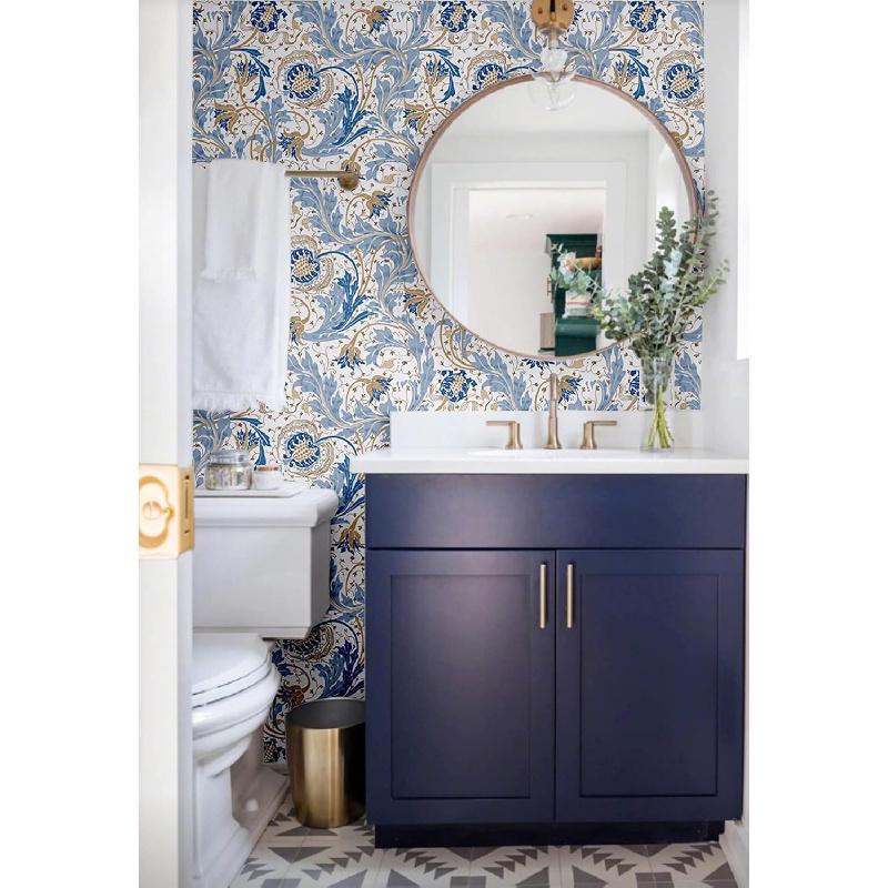 Blooming Wall DPYC01 Blue Pomegranate and Rolled Flower and Leaves Textured Peel and Stick Wallpaper Self-Adhesive Prepasted Wallpaper