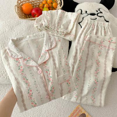 Mori Flowers Sweet Cloud Cotton Pajamas Wind Japan And Korea Women Summer Loungewear Short-Sleeved Three-Piece Set