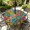Outdoor Round Tablecloth With Umbrella Hole Waterproof Oil Resistant Floral Leaf Patio Garden Deck