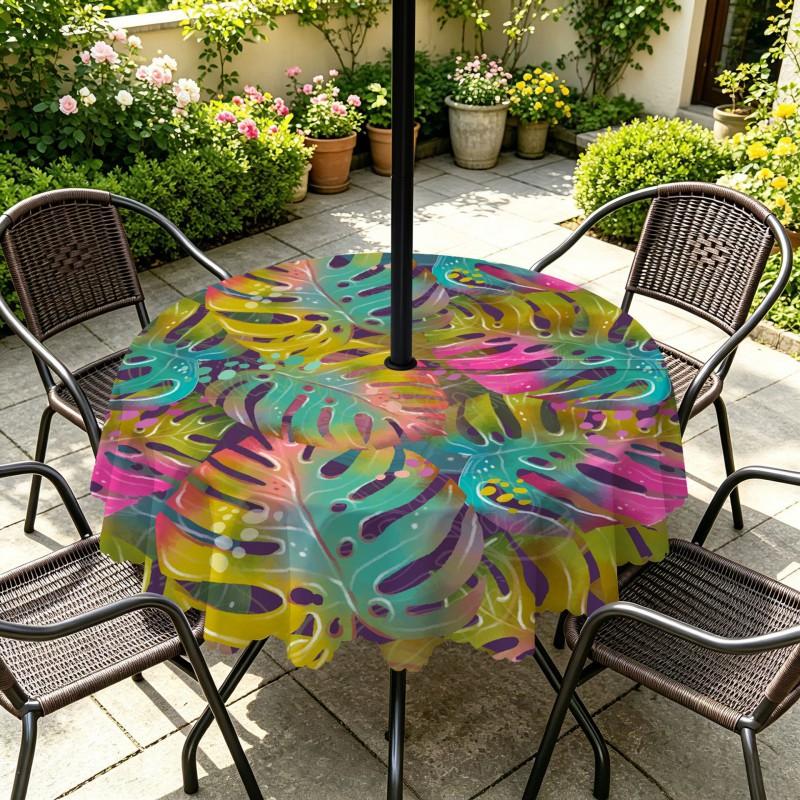 Outdoor Round Tablecloth With Umbrella Hole Waterproof Oil Resistant Floral Leaf Patio Garden Deck