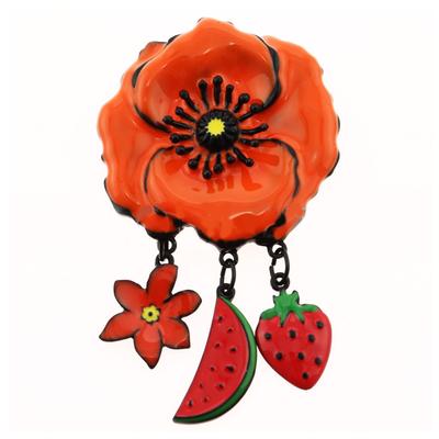 [R6105] - Designer Brooch 'Lilipoupettes' (flower- Watermelon- Strawberry) Orange Red - 80x45 Mm